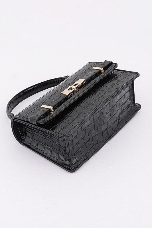 Faux croc leather top handle bag