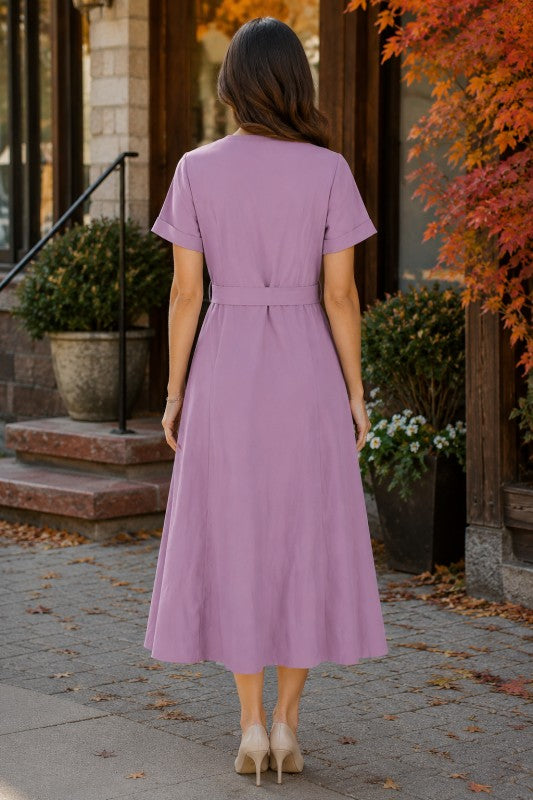 Belted button-front midi dress
