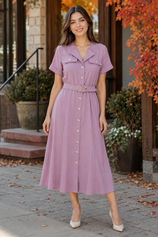 Belted button-front midi dress