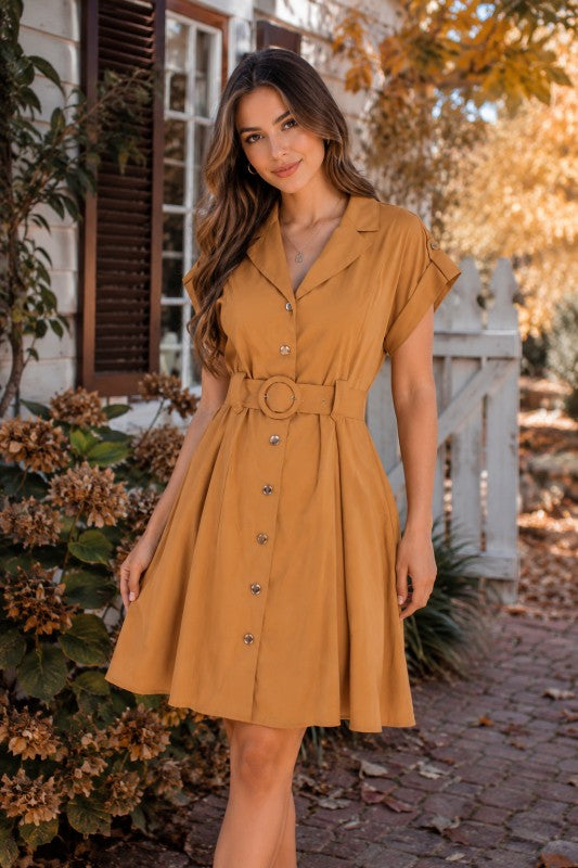 Belted button front dress