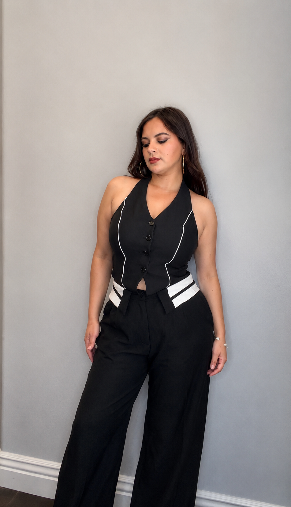 FRONT BUTTON DOWN VEST TOP FOLDED WAIST
JUMPSUITS