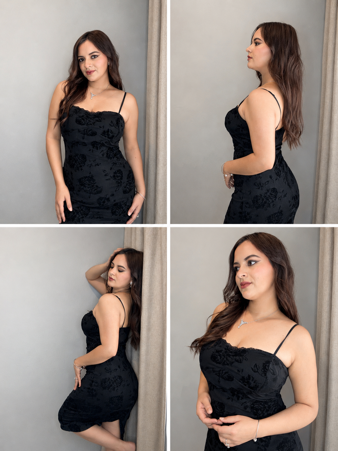 Stretch midi dress featuring velvet floral detailing on mesh.