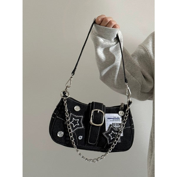Denim buckle style zipper shoulder bag
