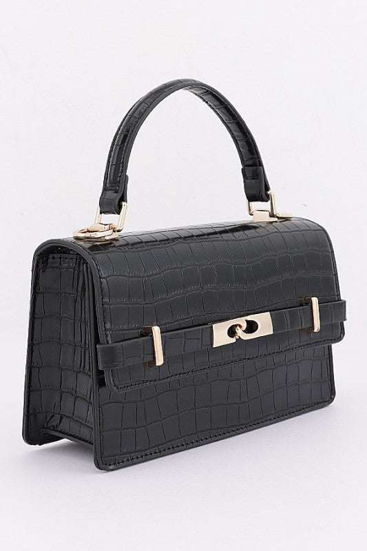 Faux croc leather top handle bag