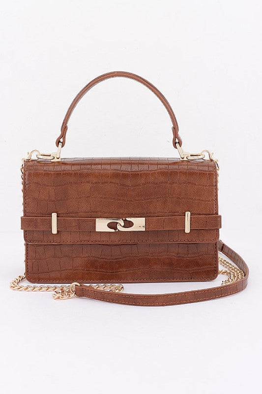 Faux croc leather top handle bag
