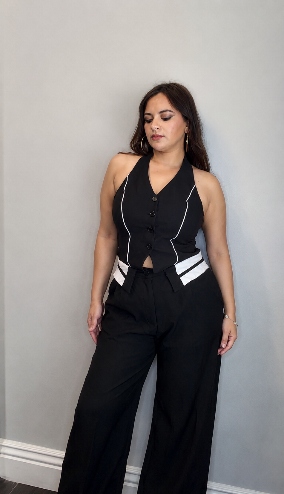 FRONT BUTTON DOWN VEST TOP FOLDED WAIST
JUMPSUITS
