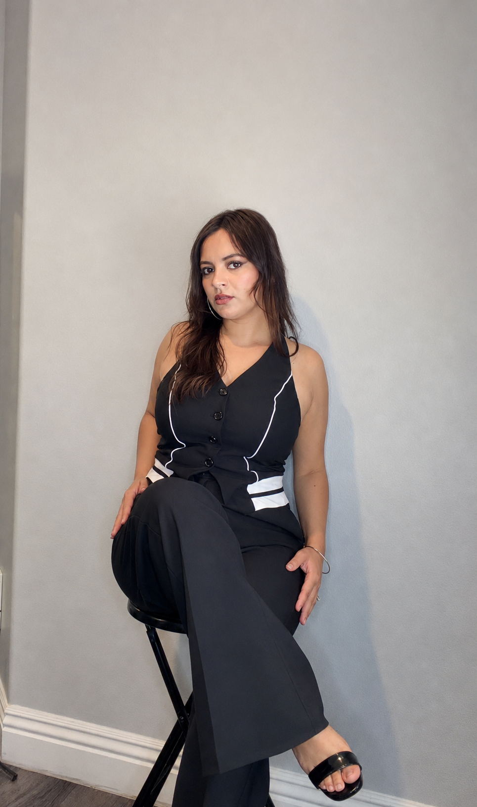 FRONT BUTTON DOWN VEST TOP FOLDED WAIST
JUMPSUITS