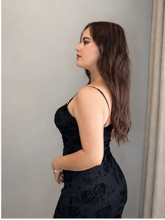 Stretch midi dress featuring velvet floral detailing on mesh.