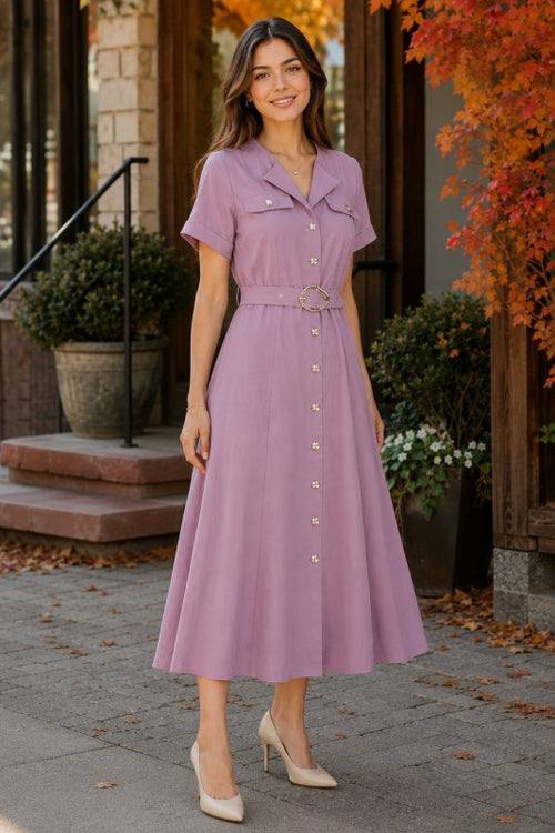 Belted button-front midi dress