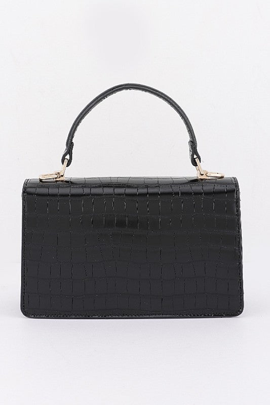 Faux croc leather top handle bag