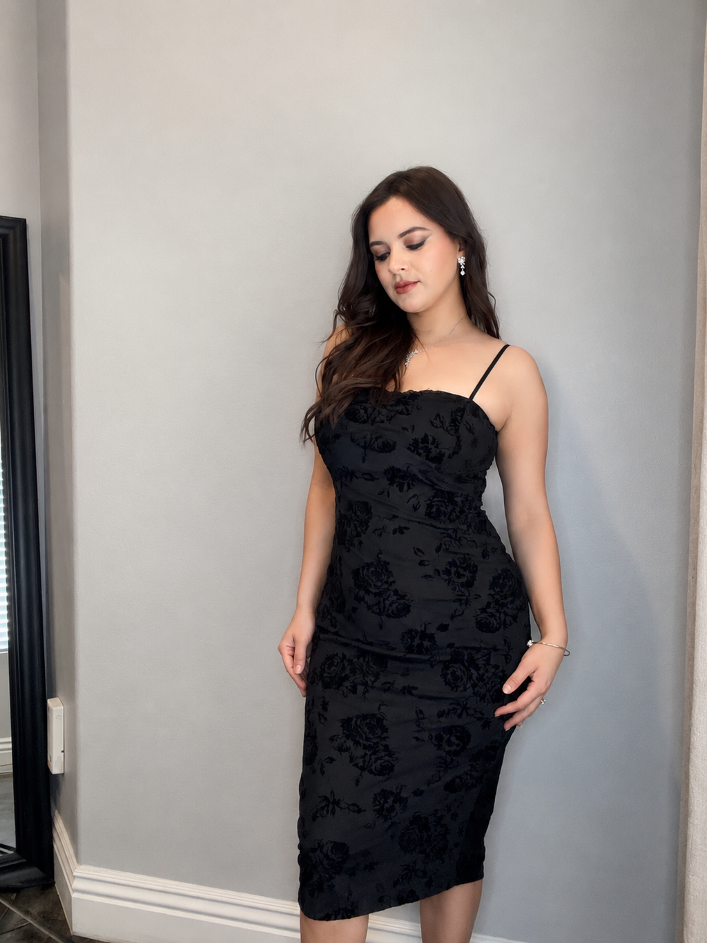 Stretch midi dress featuring velvet floral detailing on mesh.