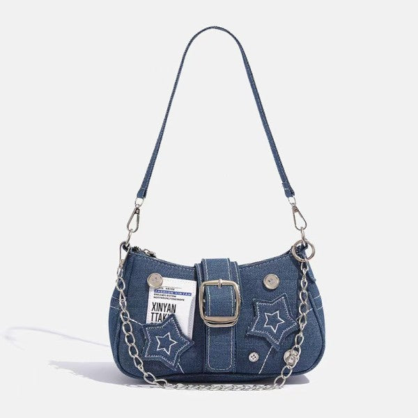 Denim buckle style zipper shoulder bag