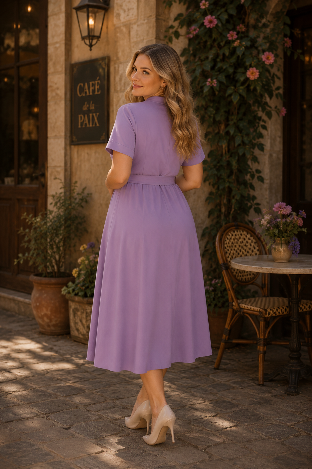 Belted button-front midi dress