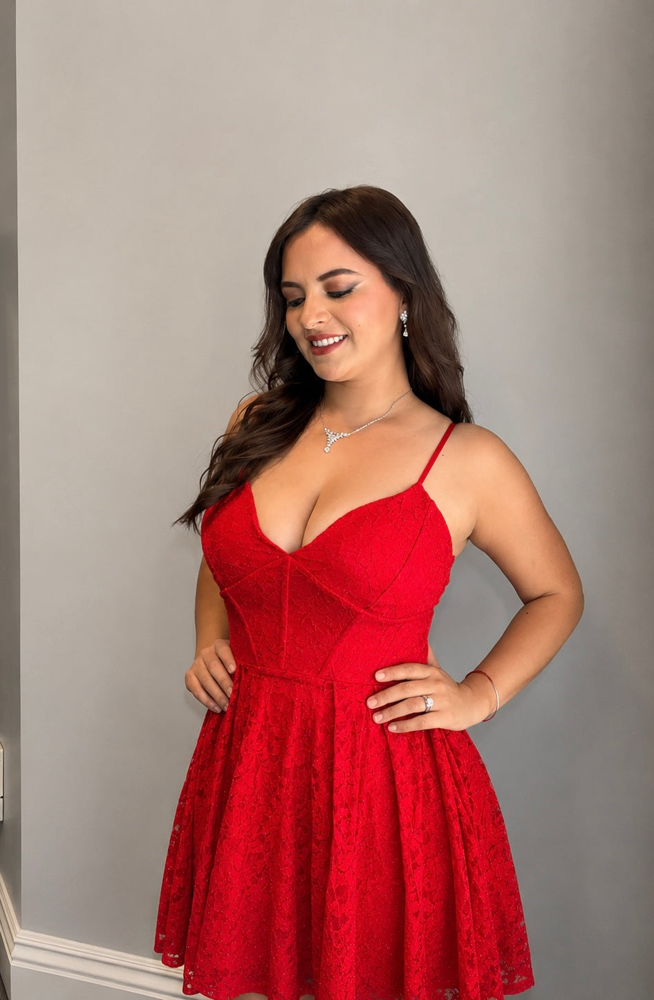 Aline dress with glitter stretch fabric and corset back.