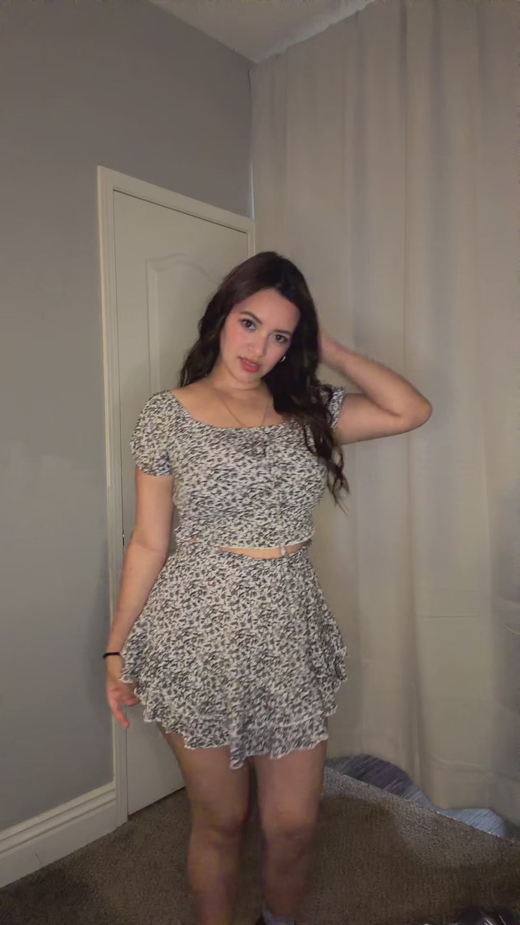 Floral print top and skirt set with elastic shirring